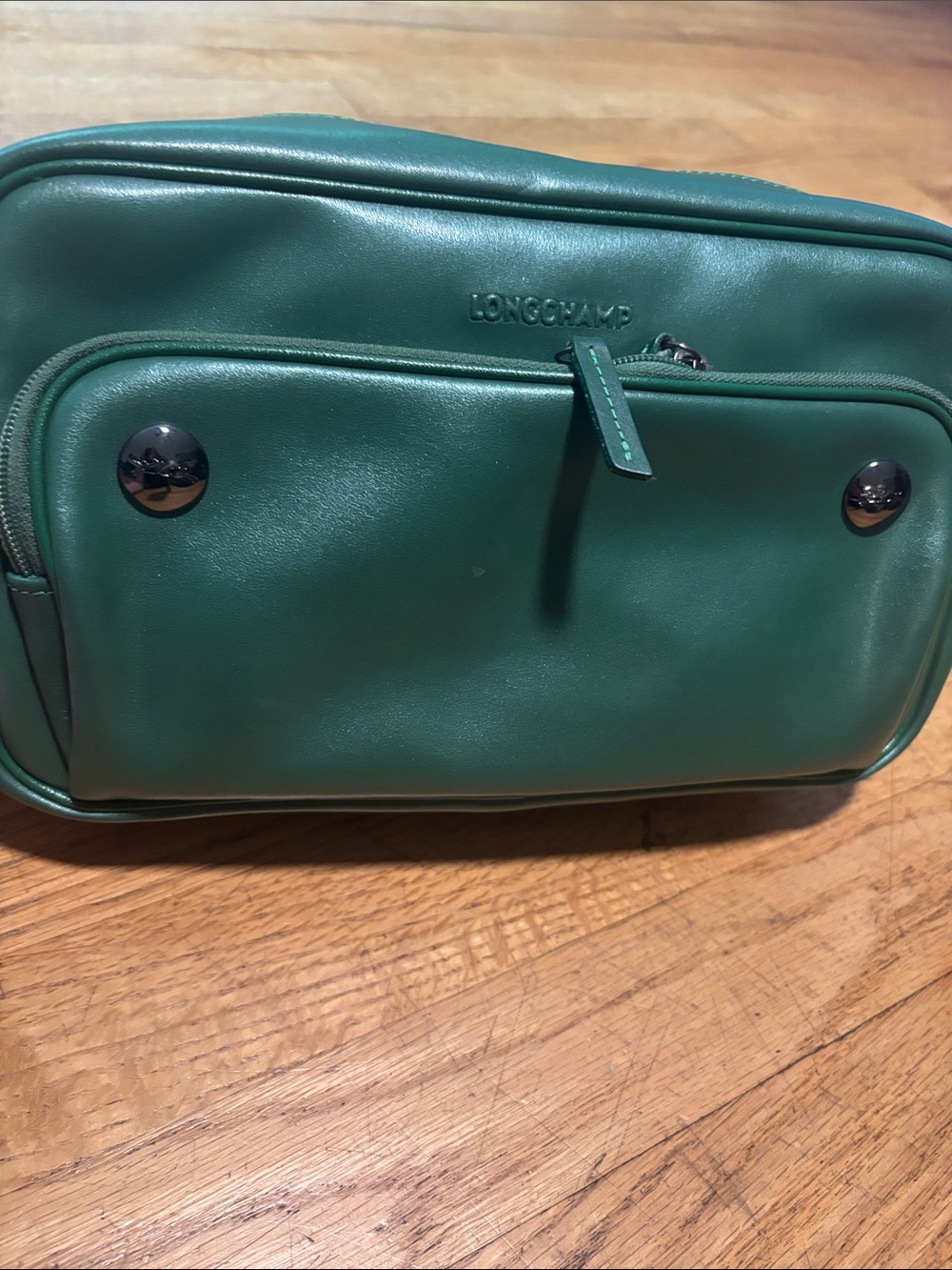Longchamp Green Leather Toiletry Case with Front Zip Pocket. Worn maybe 3 times-